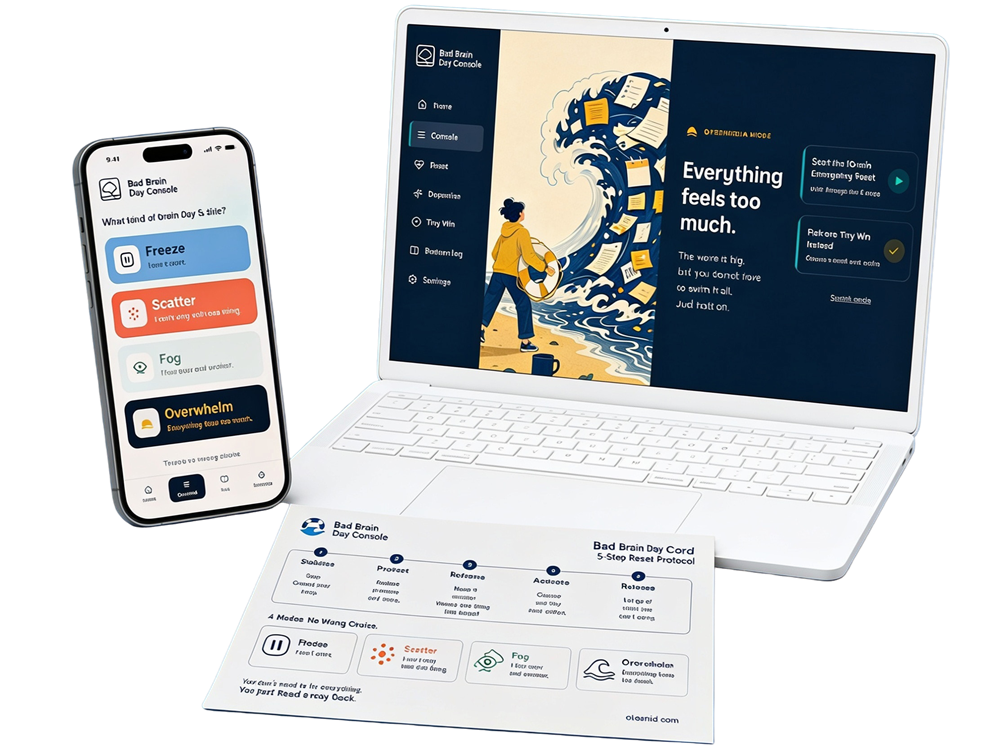 Bad Brain Day Console shown on laptop, phone, and emergency card