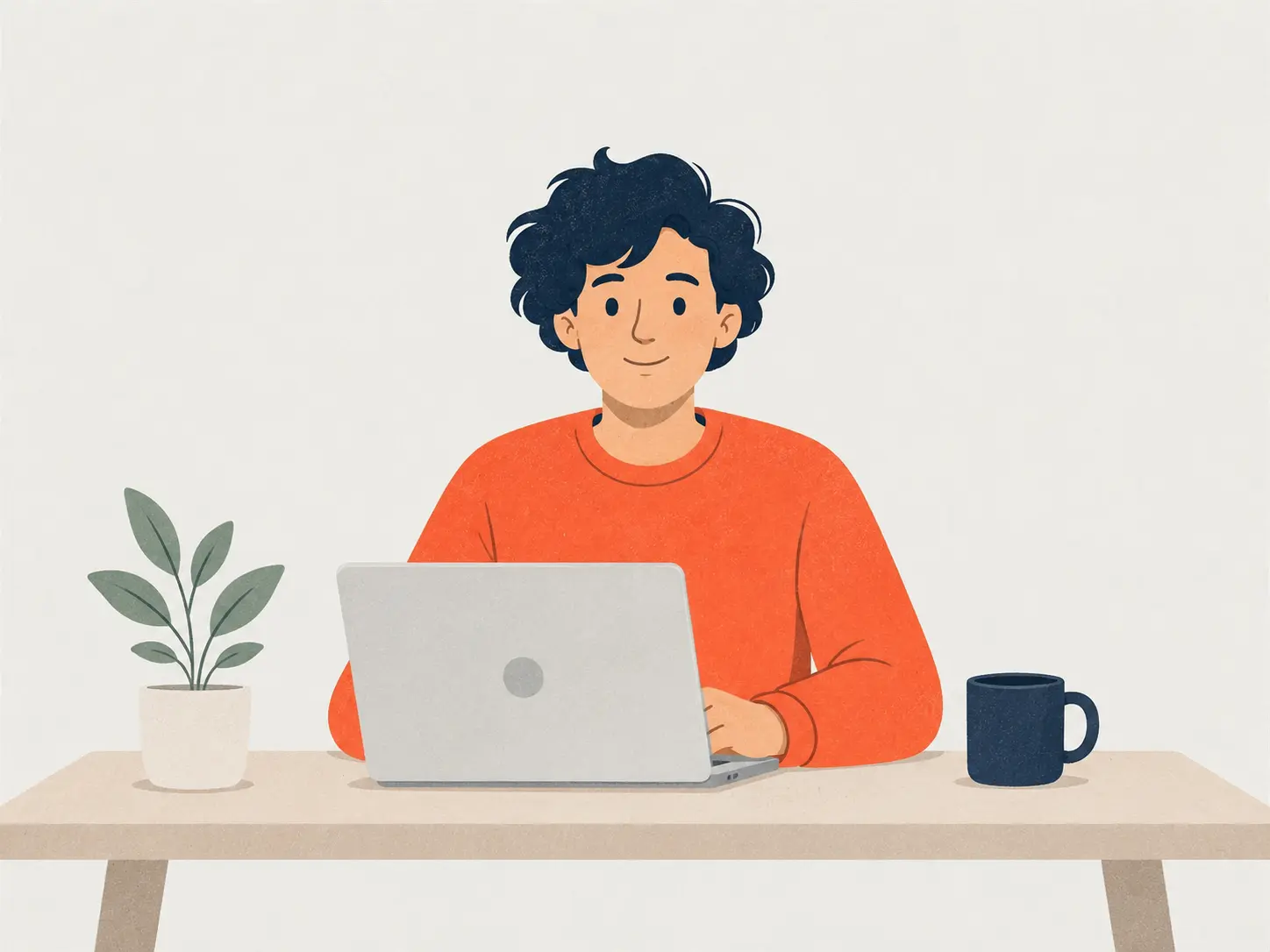 A person sitting calmly at a laptop before tasks begin to pile up.